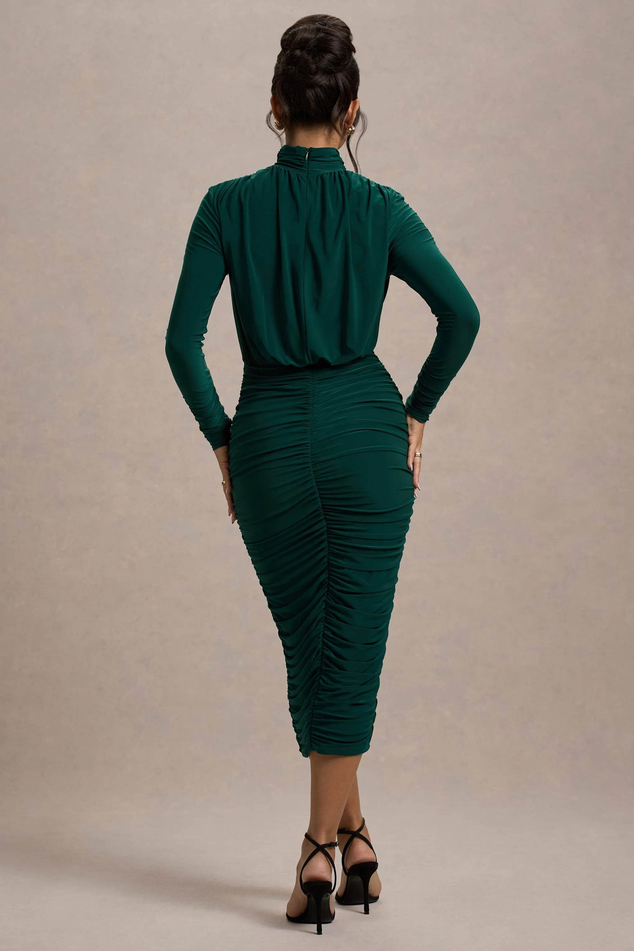 Dasha | Bottle Green Ruched High-Neck Long-Sleeve Midi Dress