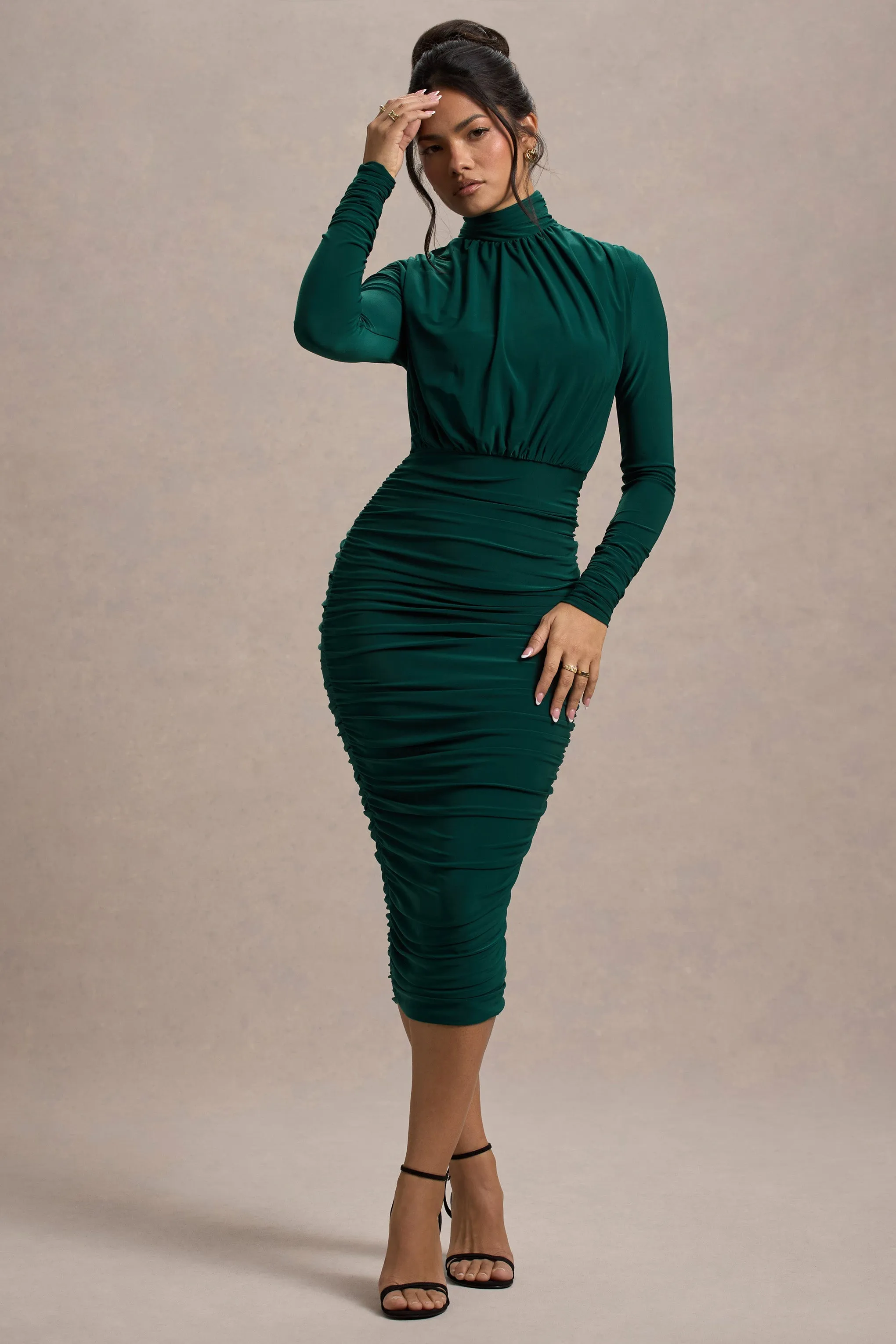 Dasha | Bottle Green Ruched High-Neck Long-Sleeve Midi Dress