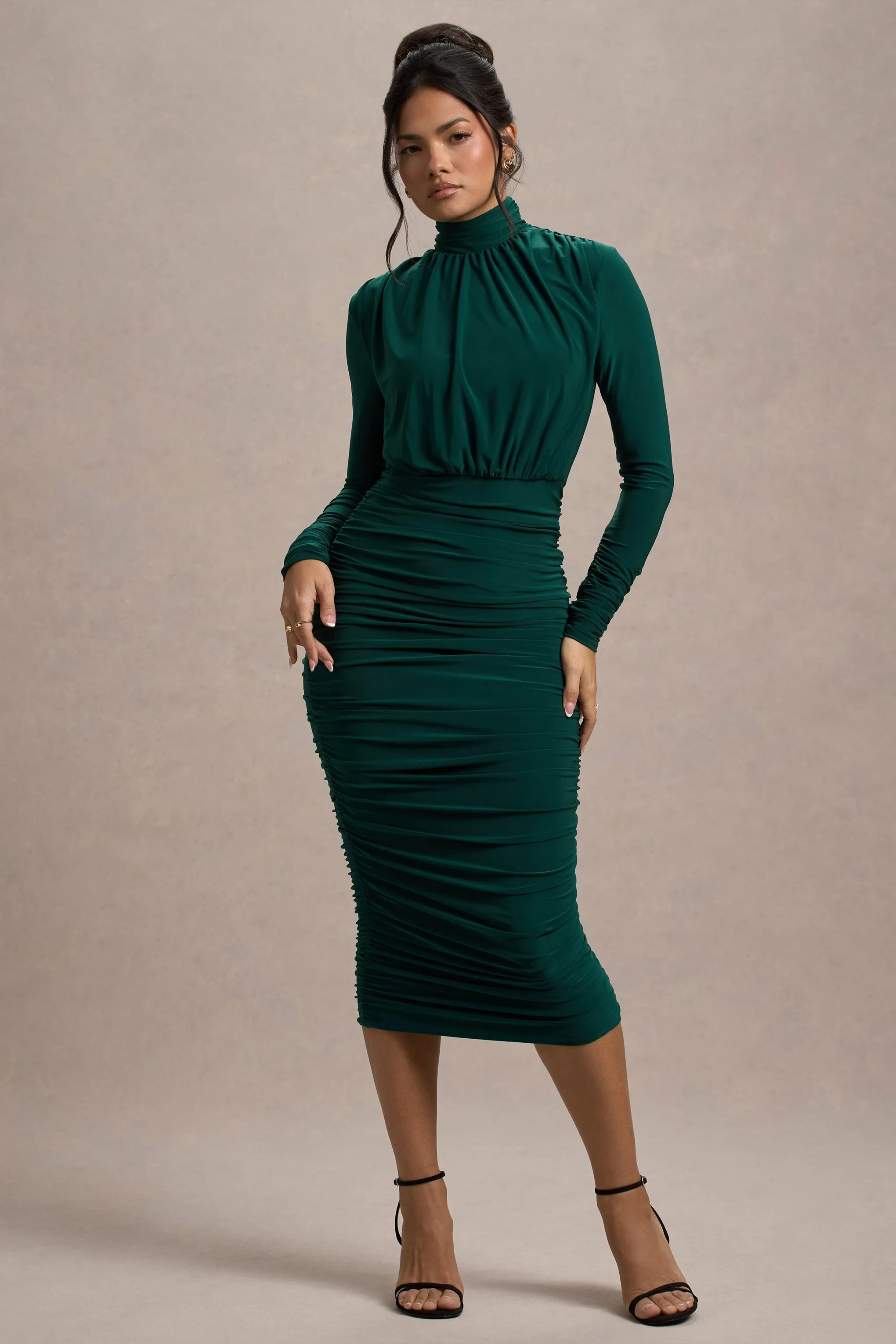 Dasha | Bottle Green Ruched High-Neck Long-Sleeve Midi Dress