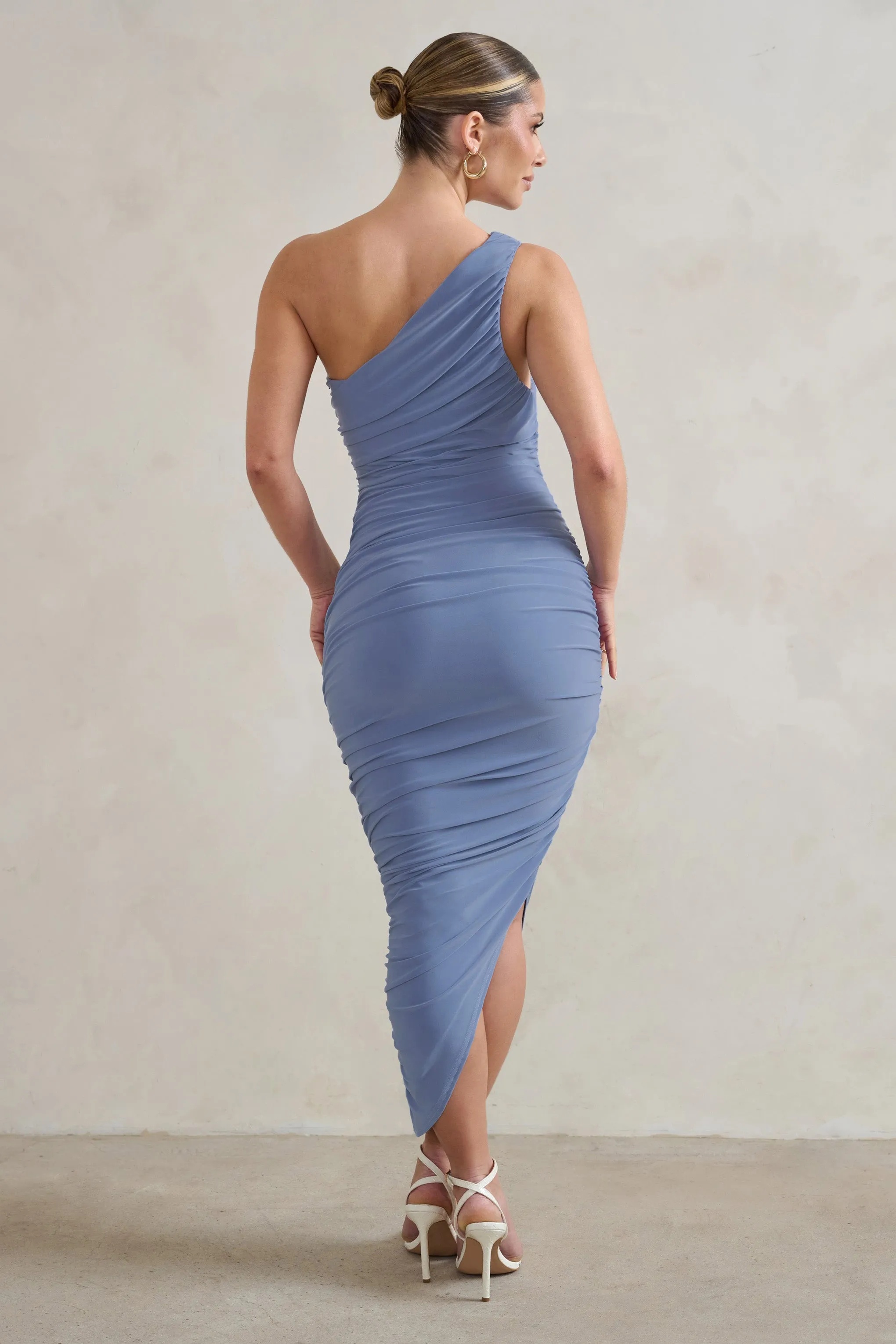 Dorit | Blue One Shoulder Asymmetric Ruched Midi Dress