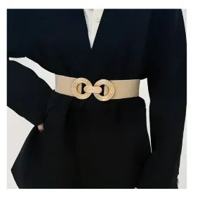 Double Ring Buckle Wide Belts Elegant Solid Color Elastic Waistband Trendy Decorative Dress Coat Girdle For Women