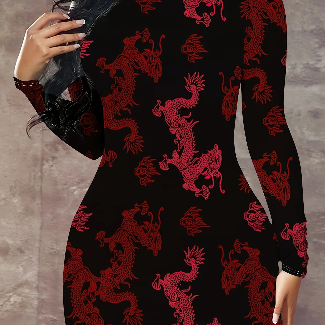 Dragon Print Mock Neck Dress, Elegant Long Sleeve Bodycon Dress For Spring, Women's Clothing