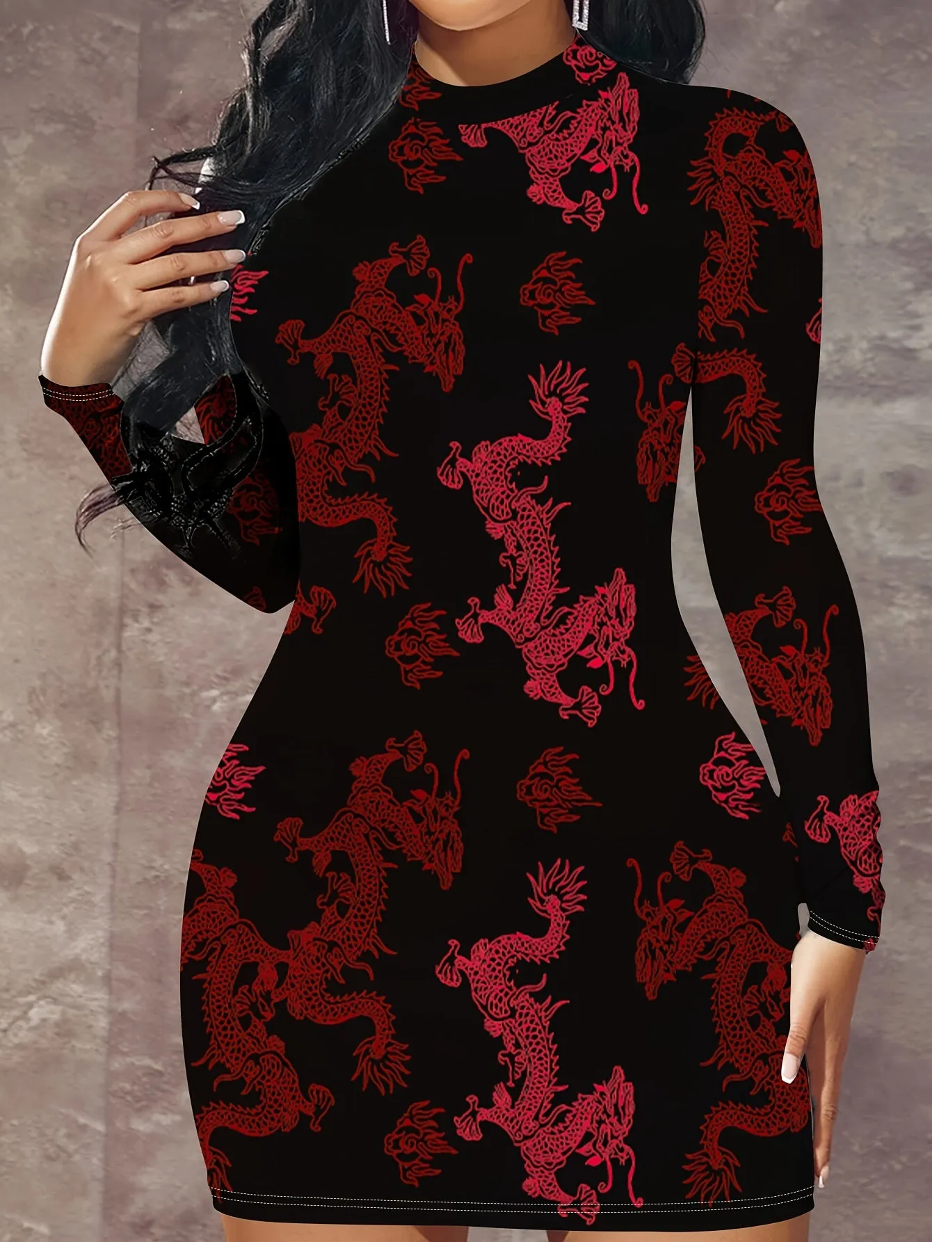 Dragon Print Mock Neck Dress, Elegant Long Sleeve Bodycon Dress For Spring, Women's Clothing