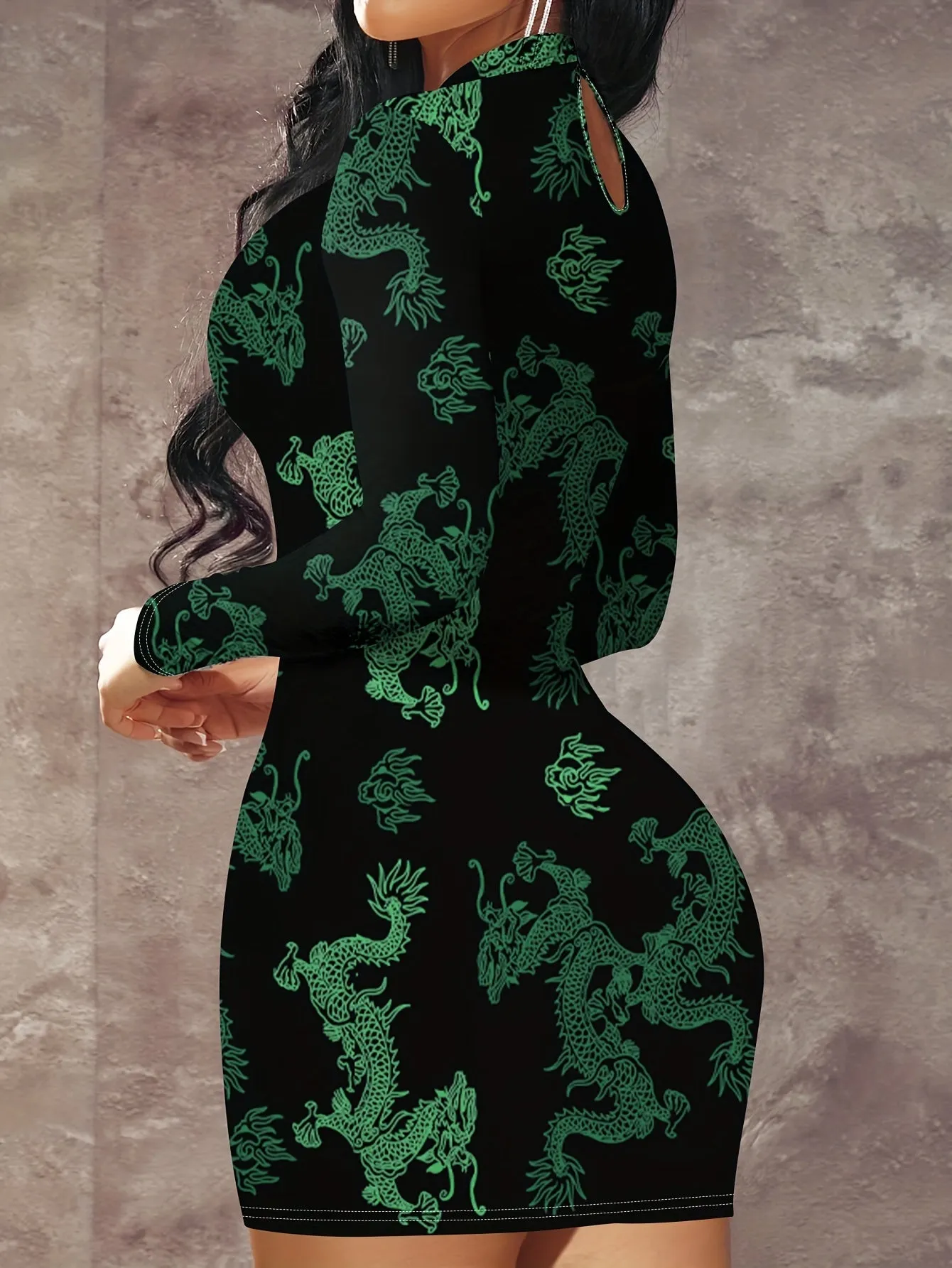 Dragon Print Mock Neck Dress, Elegant Long Sleeve Bodycon Dress For Spring, Women's Clothing