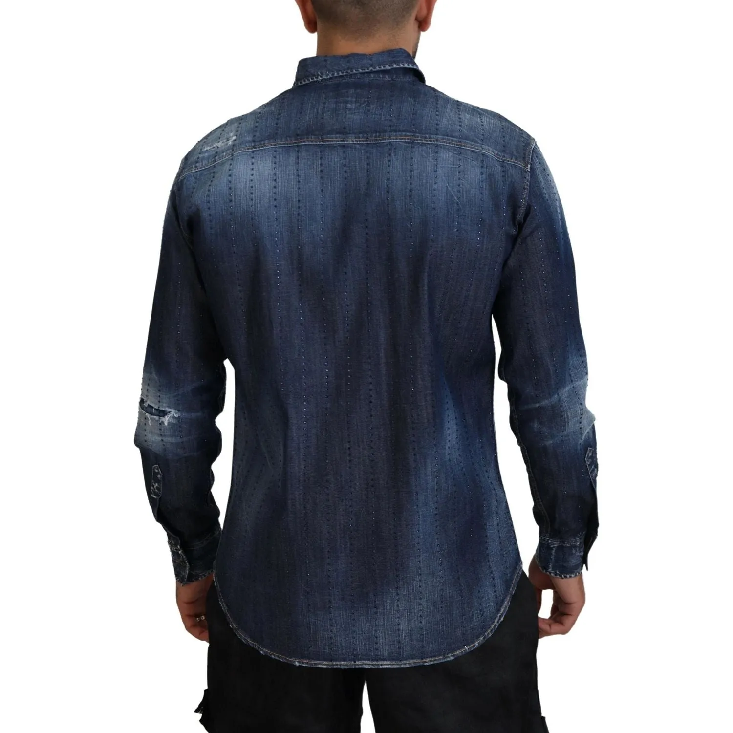 Dsquared² Blue Tattered Crystal Embellished Denim Shirt