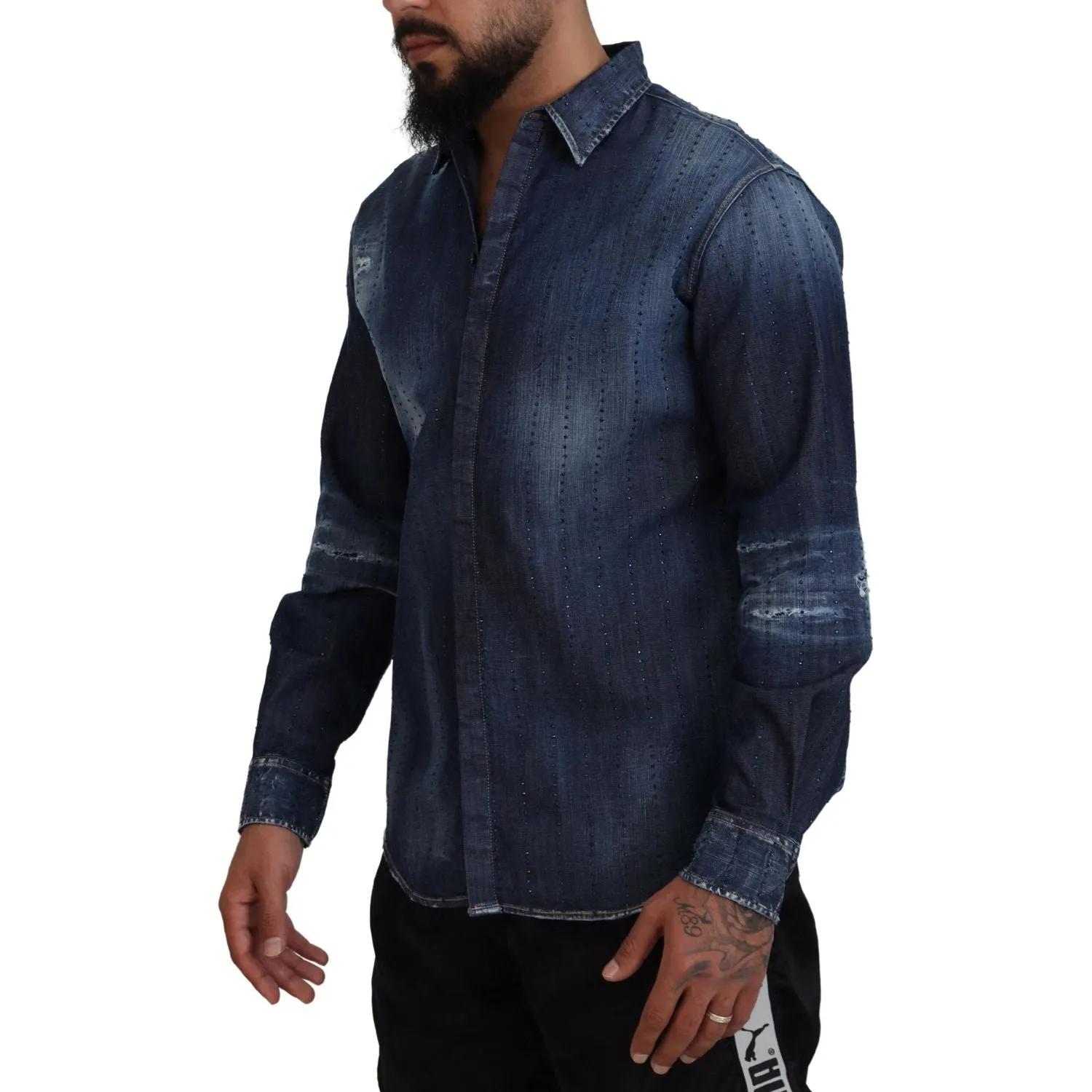 Dsquared² Blue Tattered Crystal Embellished Denim Shirt