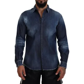 Dsquared² Blue Tattered Crystal Embellished Denim Shirt