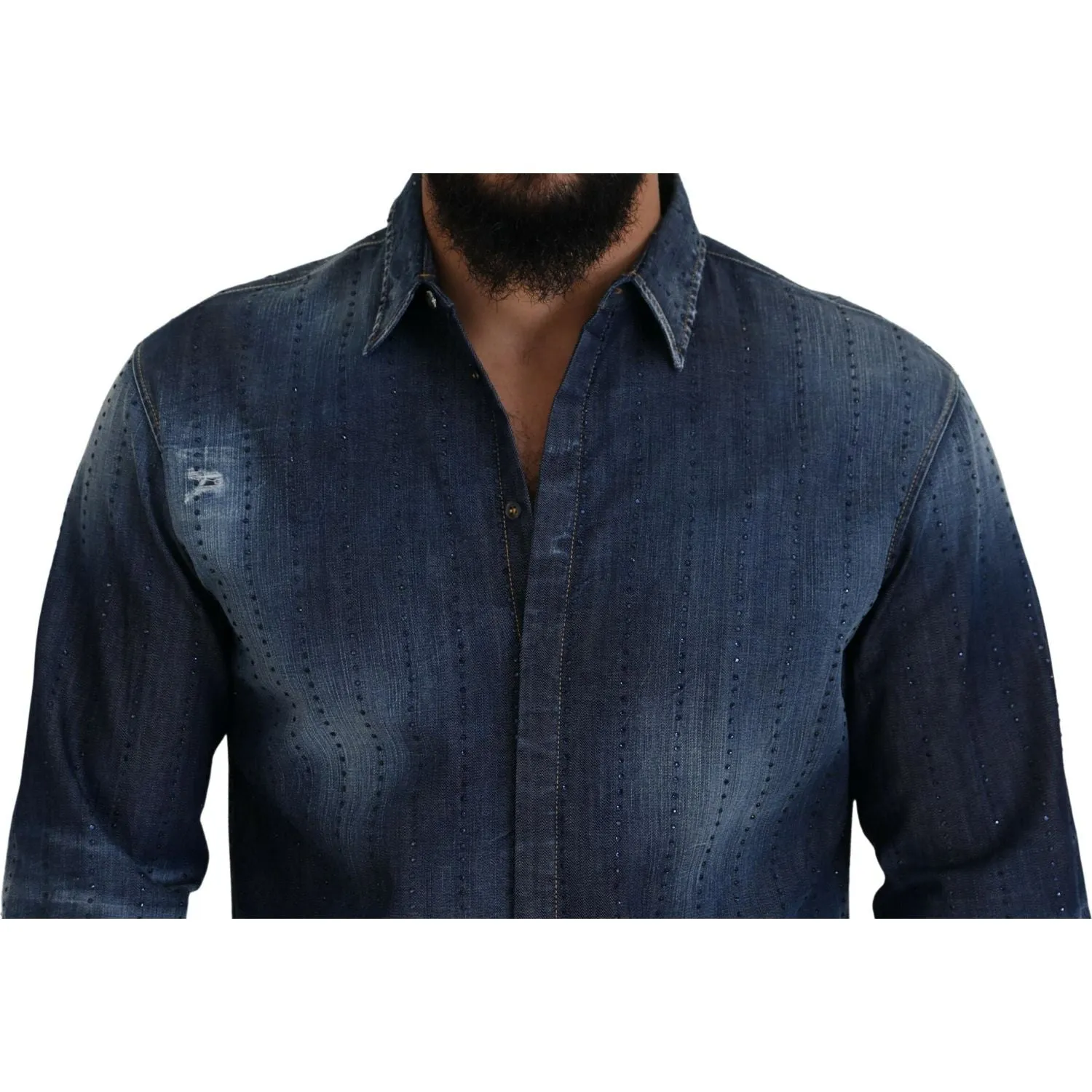 Dsquared² Blue Tattered Crystal Embellished Denim Shirt