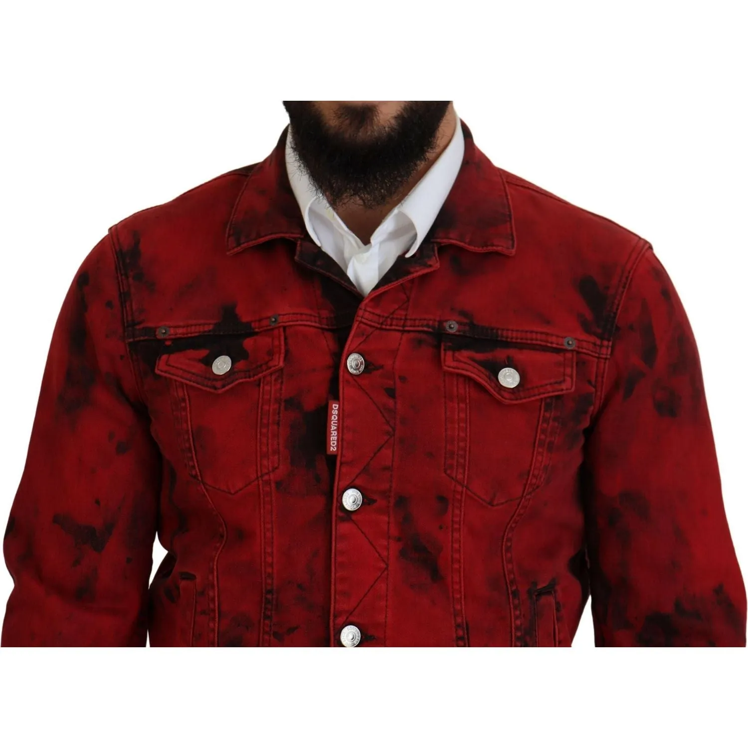 Dsquared² Red Black Tie Dye Collared Men Denim Jacket