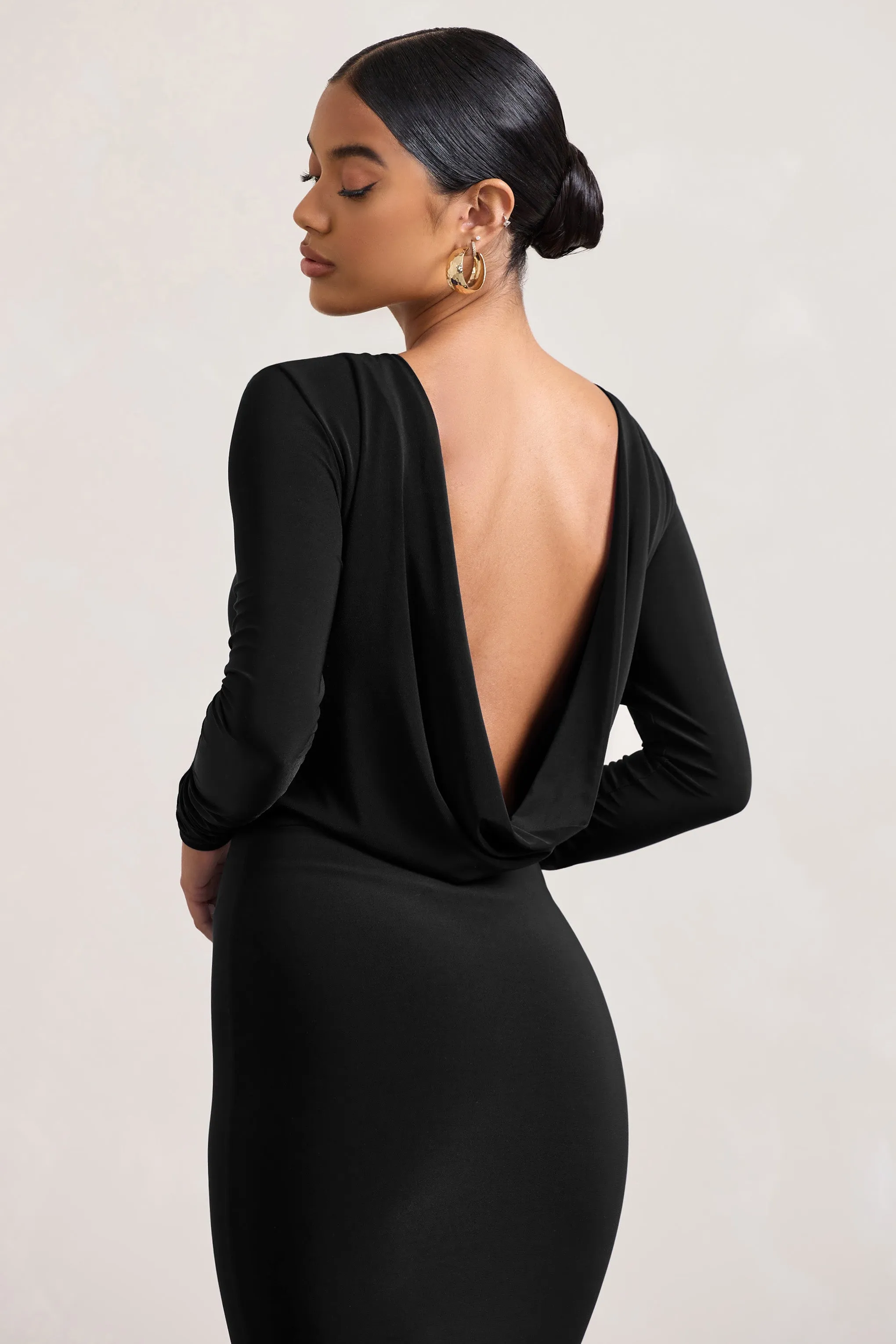 Dynasty Darling | Black Cowl-Back Long-Sleeved Bodycon Midi Dress