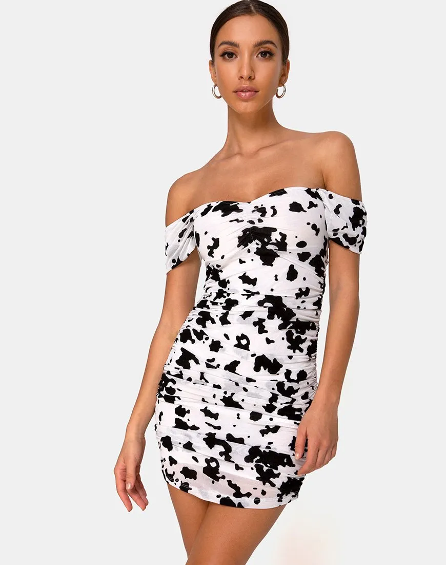 Ennete Off The Shoulder Dress in Flock Dalmatian Black and White