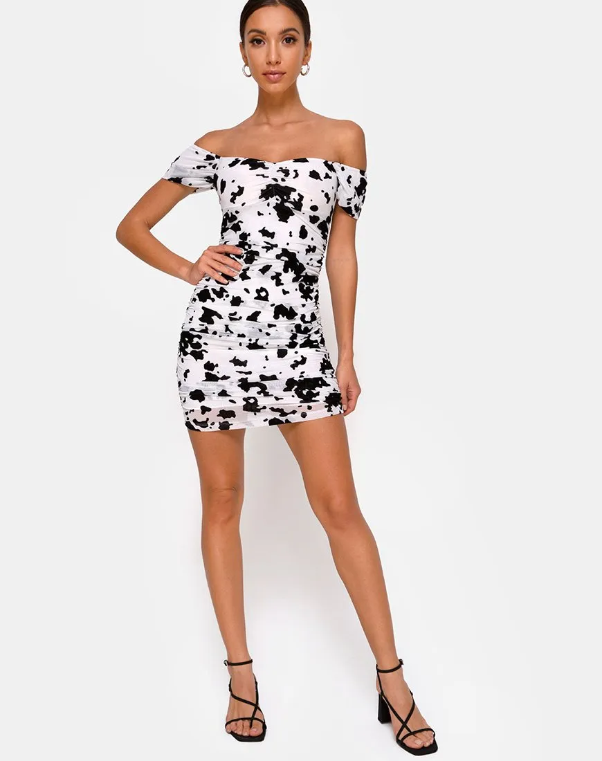 Ennete Off The Shoulder Dress in Flock Dalmatian Black and White