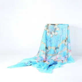 Extra Large Square Chiffon Scarf Blue Theme Butterfly Print CHF103