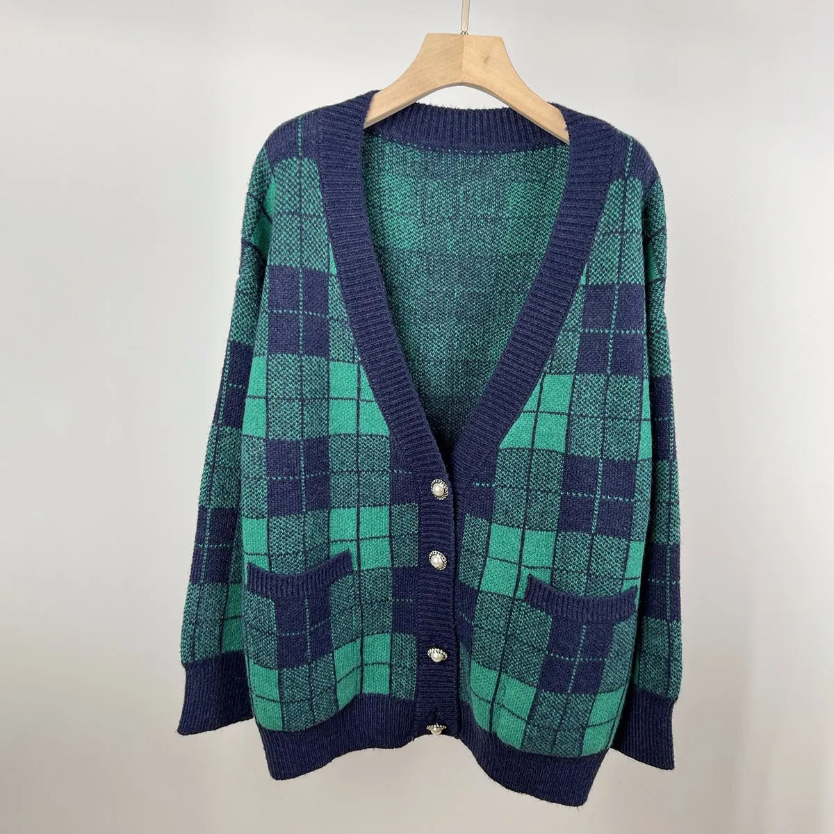 Fashionkova  Plaid Mohair Cardigan Sweaters Woman Long Sleeve Chic Buttons Sweater Casual Vintage Classic Outerwear Coat Tops