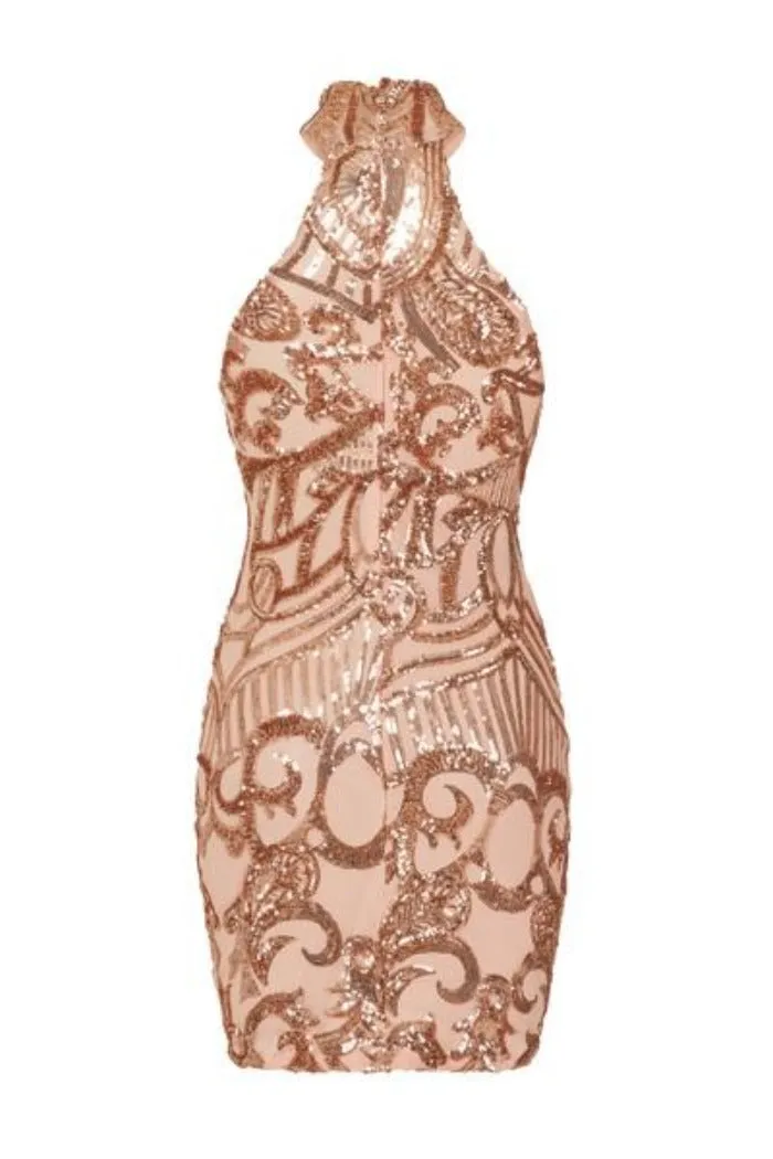 Fate Rose Gold Vip Luxe Illusion Sequin Embellished Mini Bodycon Dress