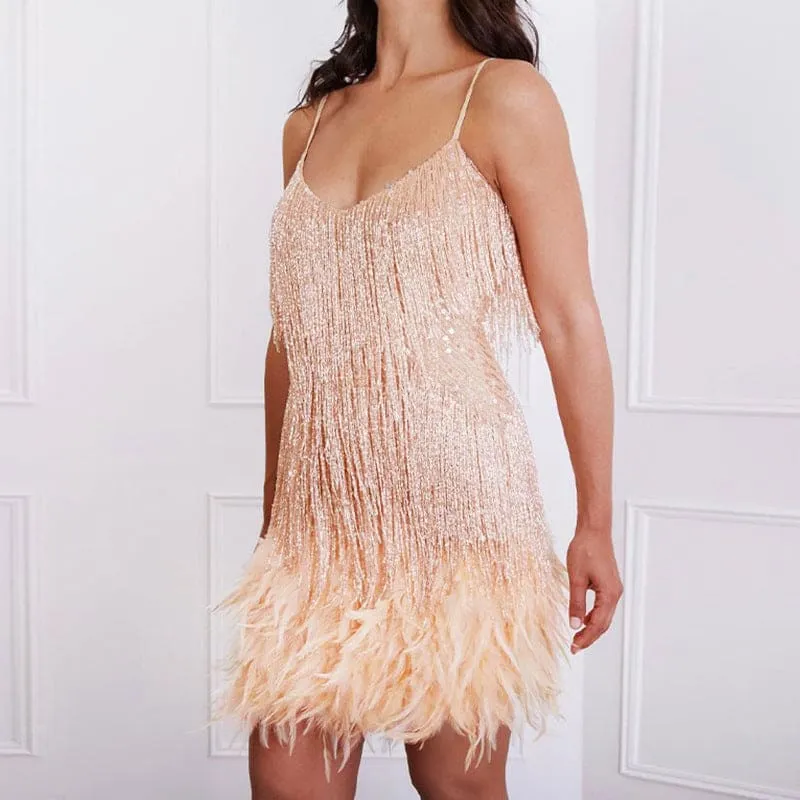 Feather Hem Fringe Sequin Cami Bodycon Dress