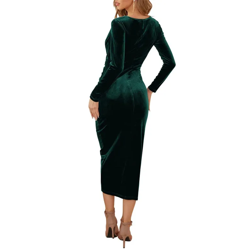 Figure-Flattering Ruched Long Sleeve Velvet Bodycon Dress for Women