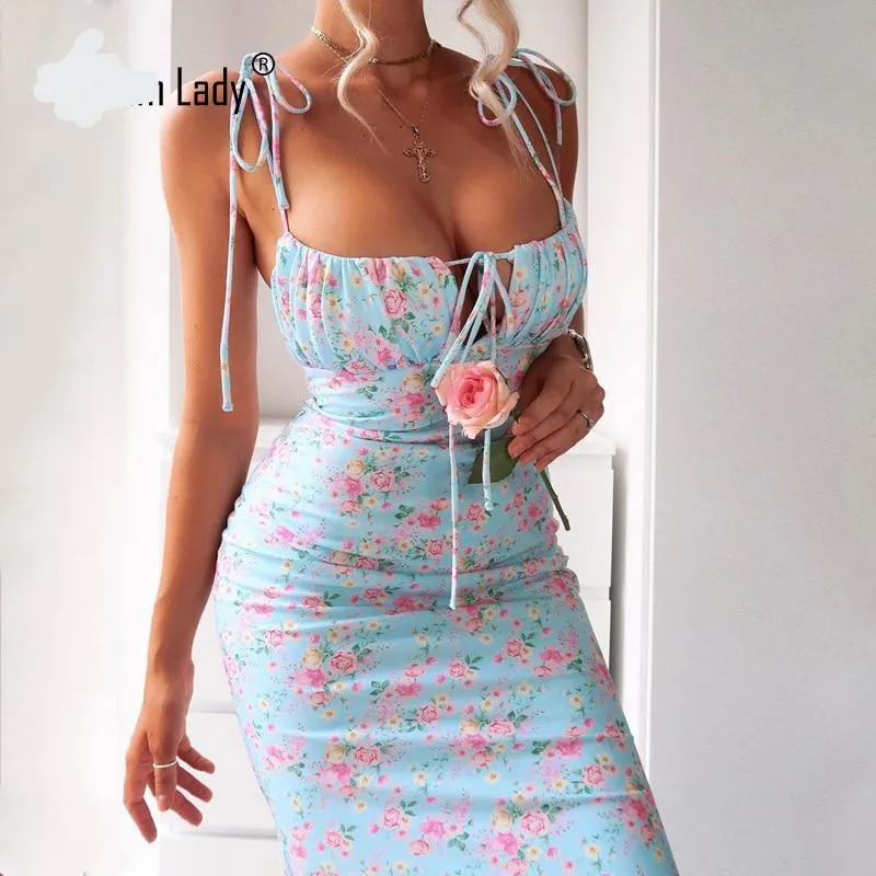 Floral Print Casual Long Bodycon Strapless Club Party Dresses Spaghetti Strap Dress