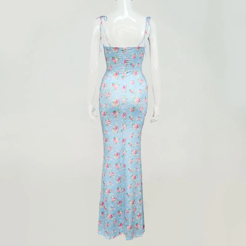 Floral Print Casual Long Bodycon Strapless Club Party Dresses Spaghetti Strap Dress