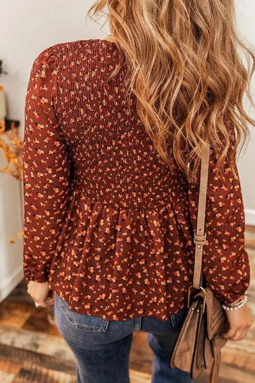 Floral Smocked Ruffle Hem Long Sleeve Blouse