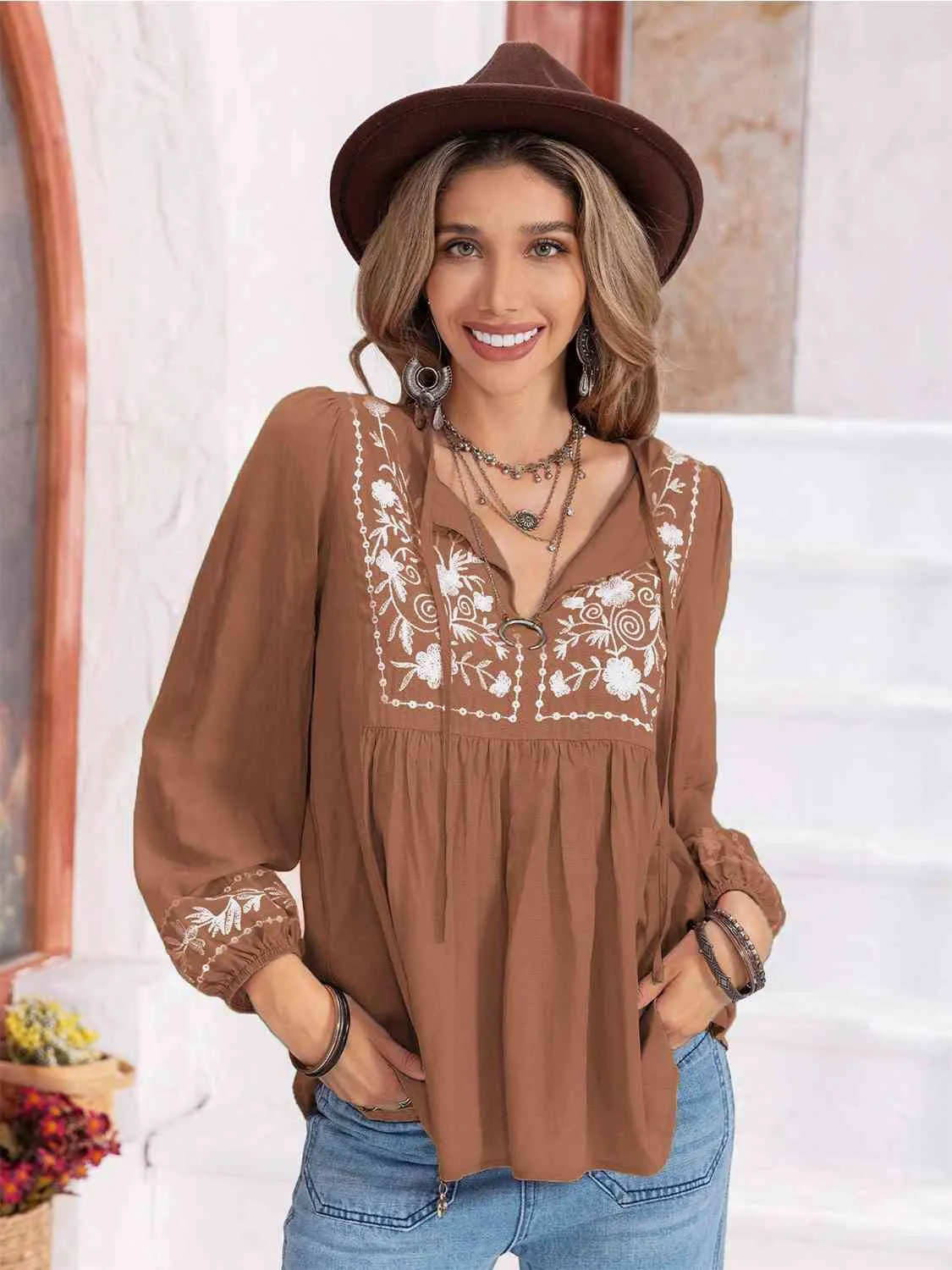 Floral Tie Neck Balloon Sleeve Blouse