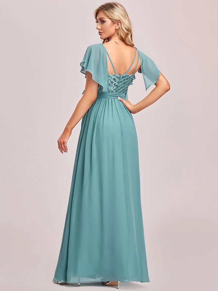 Flutter Sleeve Tie-Waist Sequin A-Line Bridesmaid Dress