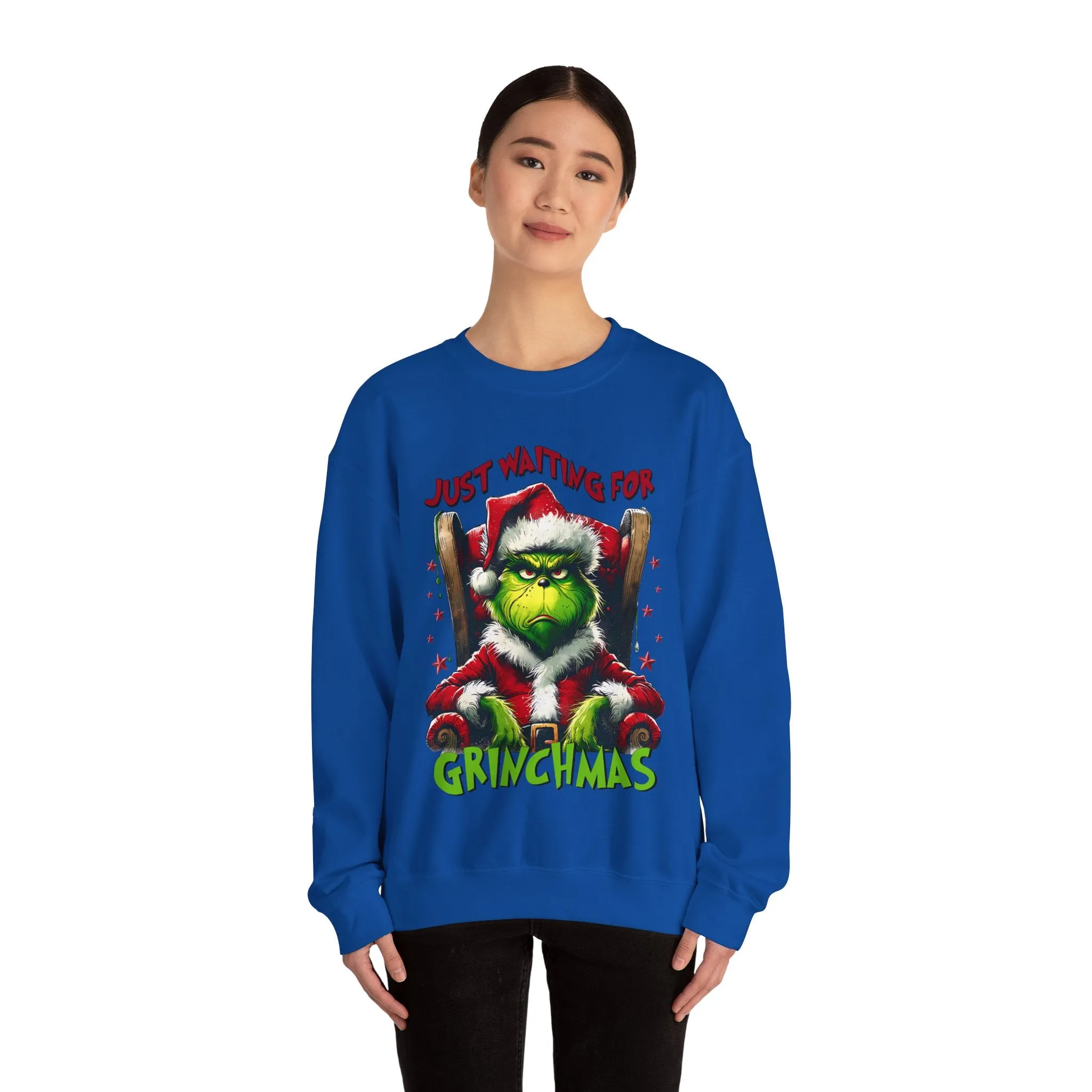 Funny Grinch Crewneck Sweatshirt - Just Waiting for Grinchmas - Unisex Heavy Blend