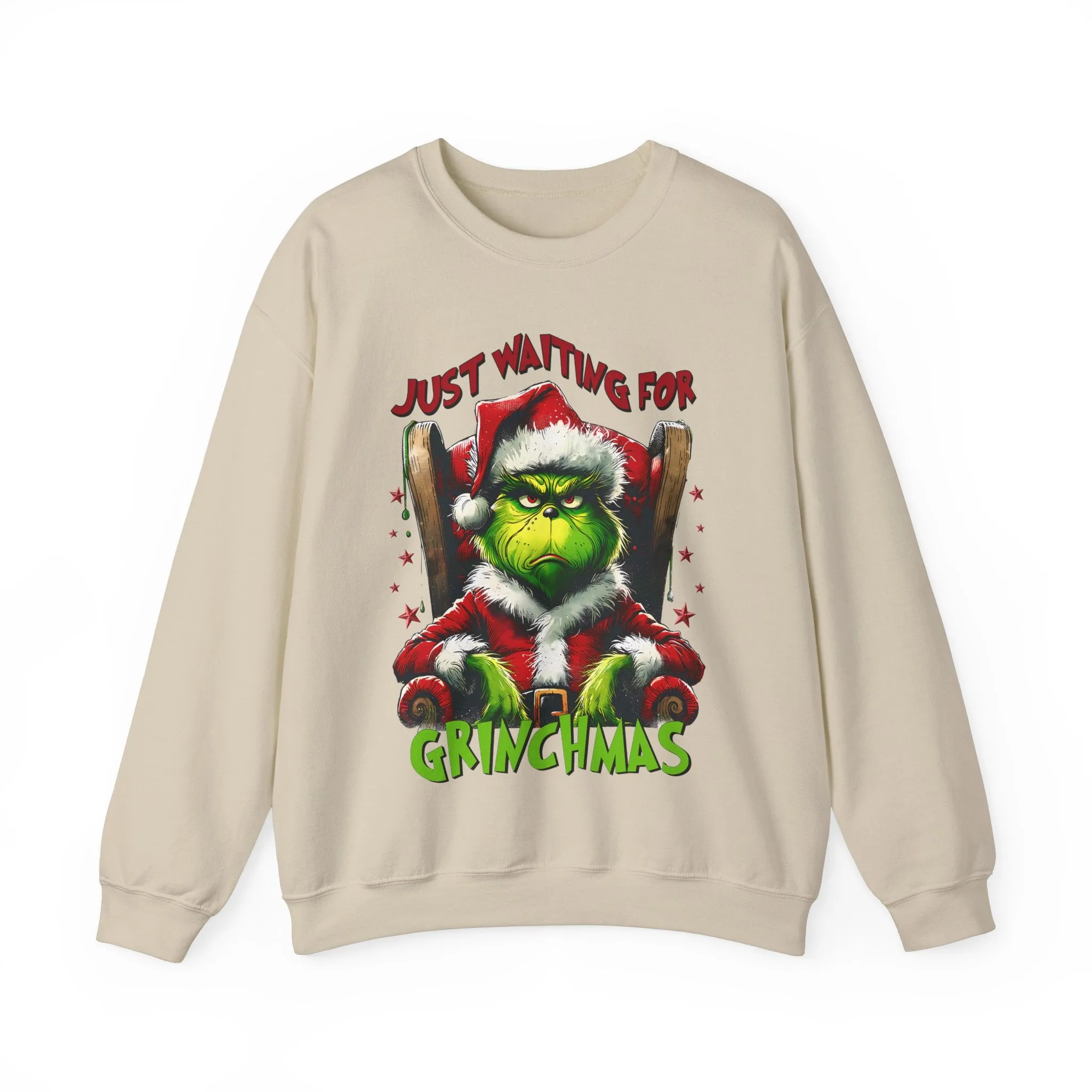 Funny Grinch Crewneck Sweatshirt - Just Waiting for Grinchmas - Unisex Heavy Blend