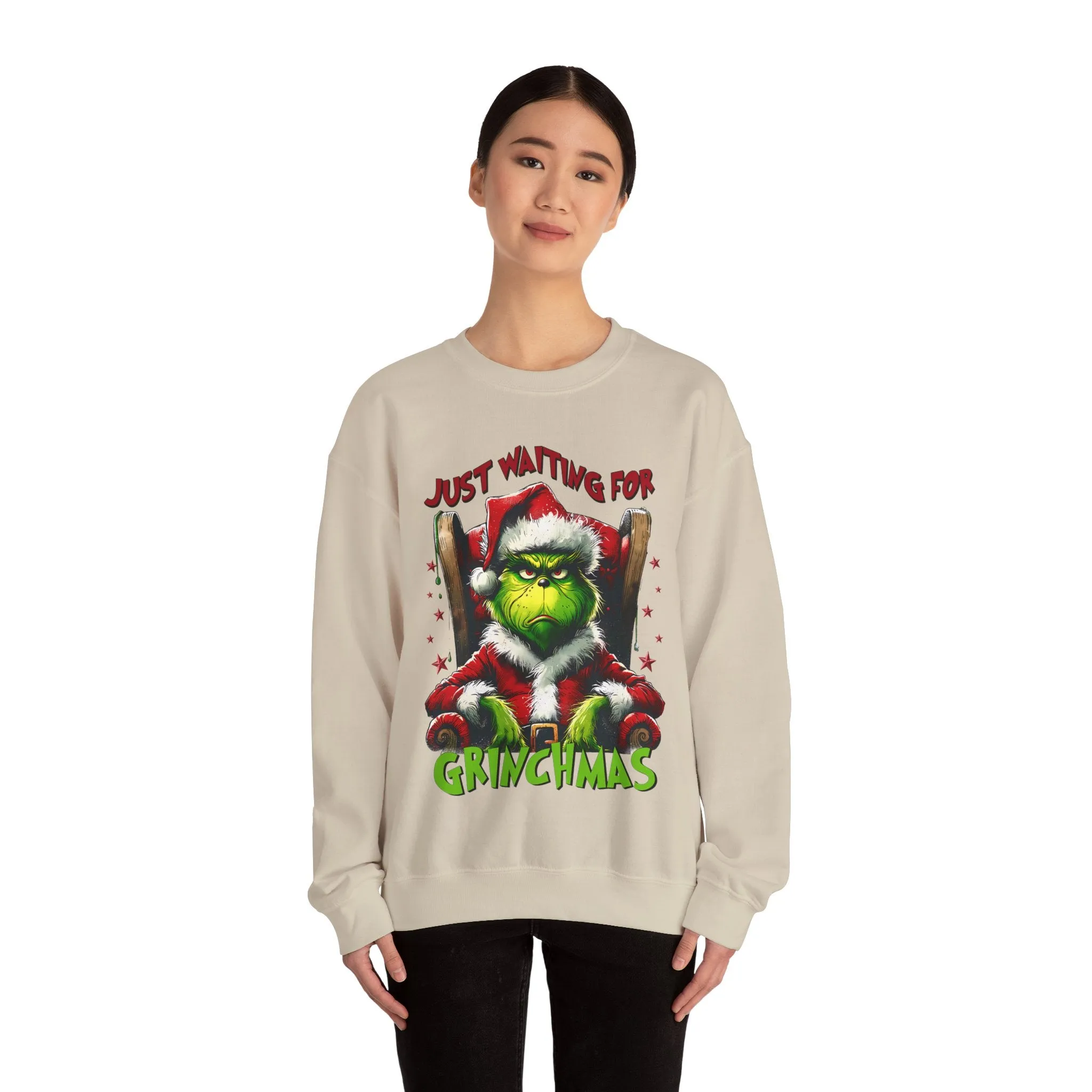 Funny Grinch Crewneck Sweatshirt - Just Waiting for Grinchmas - Unisex Heavy Blend