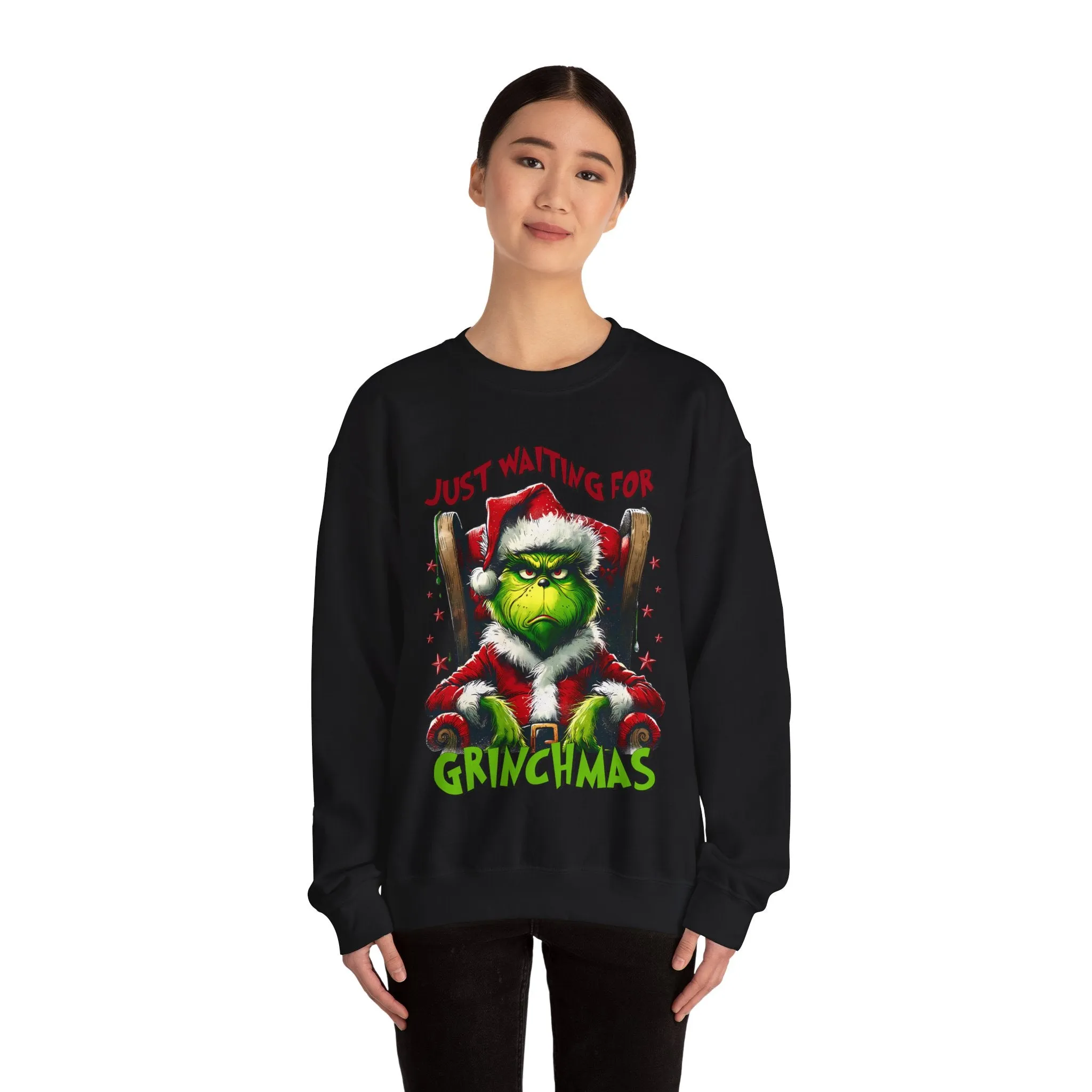 Funny Grinch Crewneck Sweatshirt - Just Waiting for Grinchmas - Unisex Heavy Blend