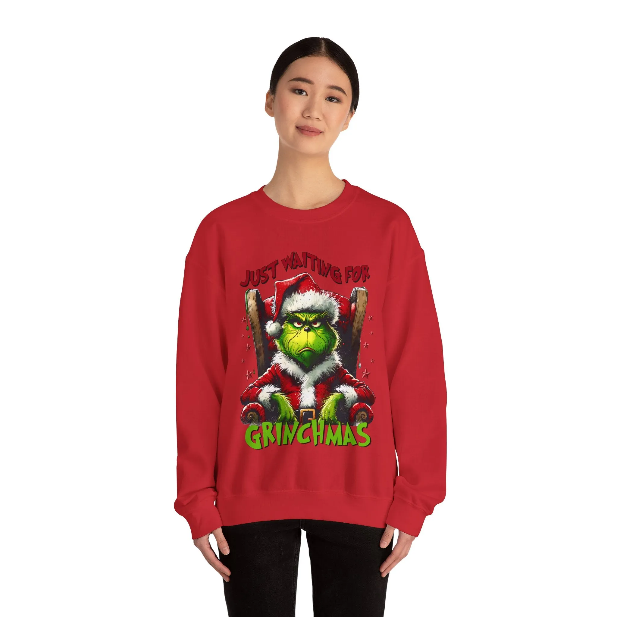 Funny Grinch Crewneck Sweatshirt - Just Waiting for Grinchmas - Unisex Heavy Blend