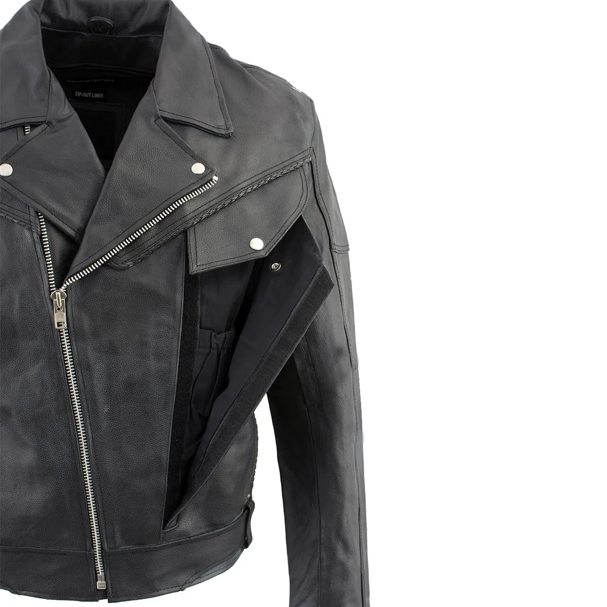 Genuine Leather EL1055 Men's Black Classic Vented ‘Braided’ Moto Jacket with Utility Pocket