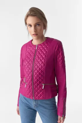 Genuine Leather Quilted Biker Jacket, Fuchsia