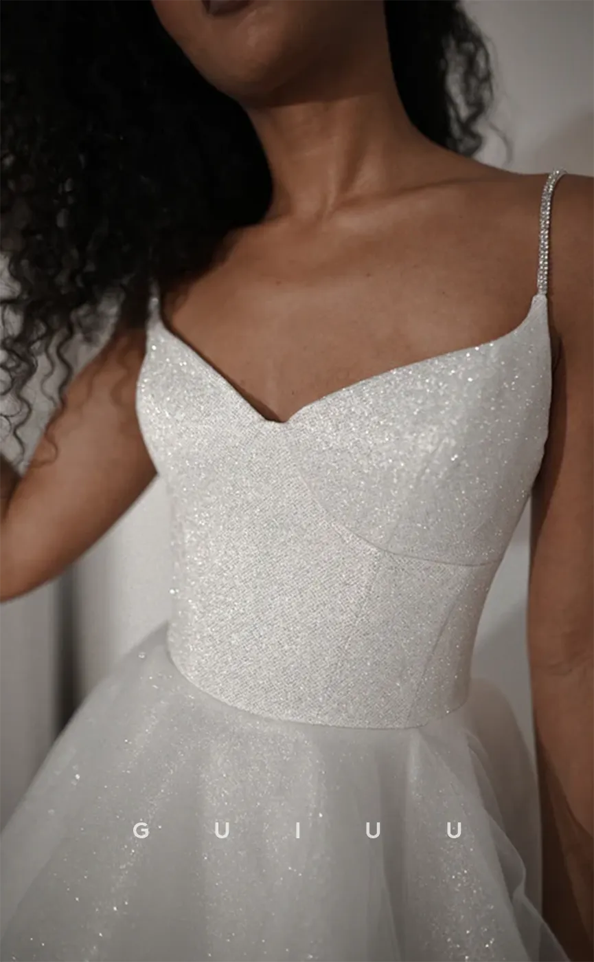 GH587 - Sexy Sparkle A-Line Spaghetti Straps V-Neck Open Back White Homecoming Dress