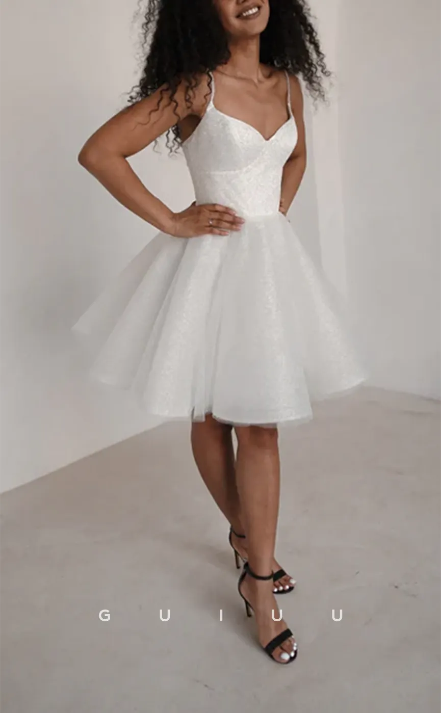 GH587 - Sexy Sparkle A-Line Spaghetti Straps V-Neck Open Back White Homecoming Dress