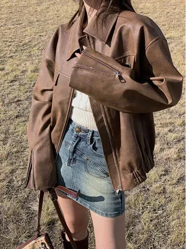 Girlary Autumn Brown Leather Jacket Women Streetwear Moto Biker Zipper Leather Coat Female Winter Warm Punk Style Leather Jacket