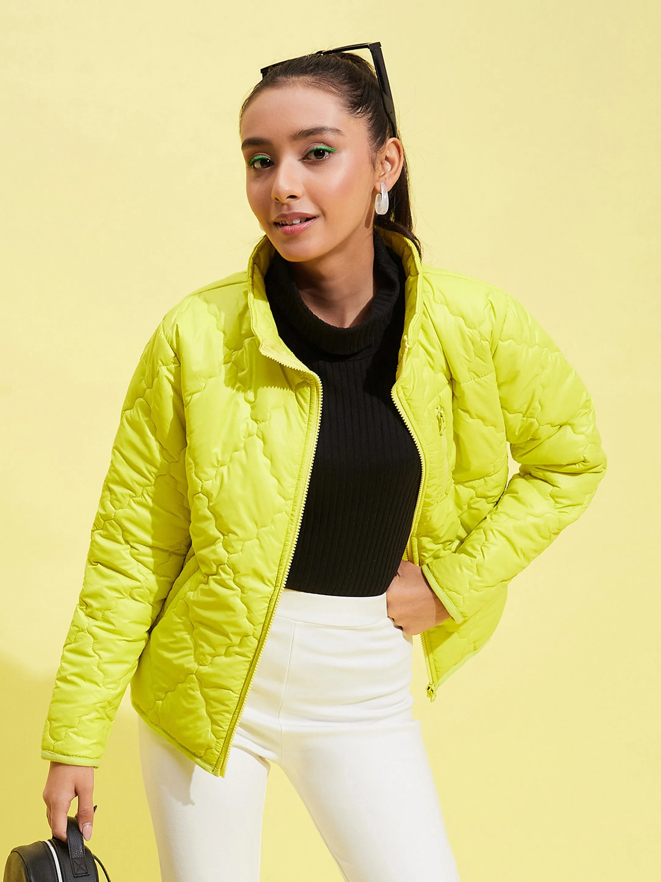 Girls Neon Yellow Quilted Zipper Jacket