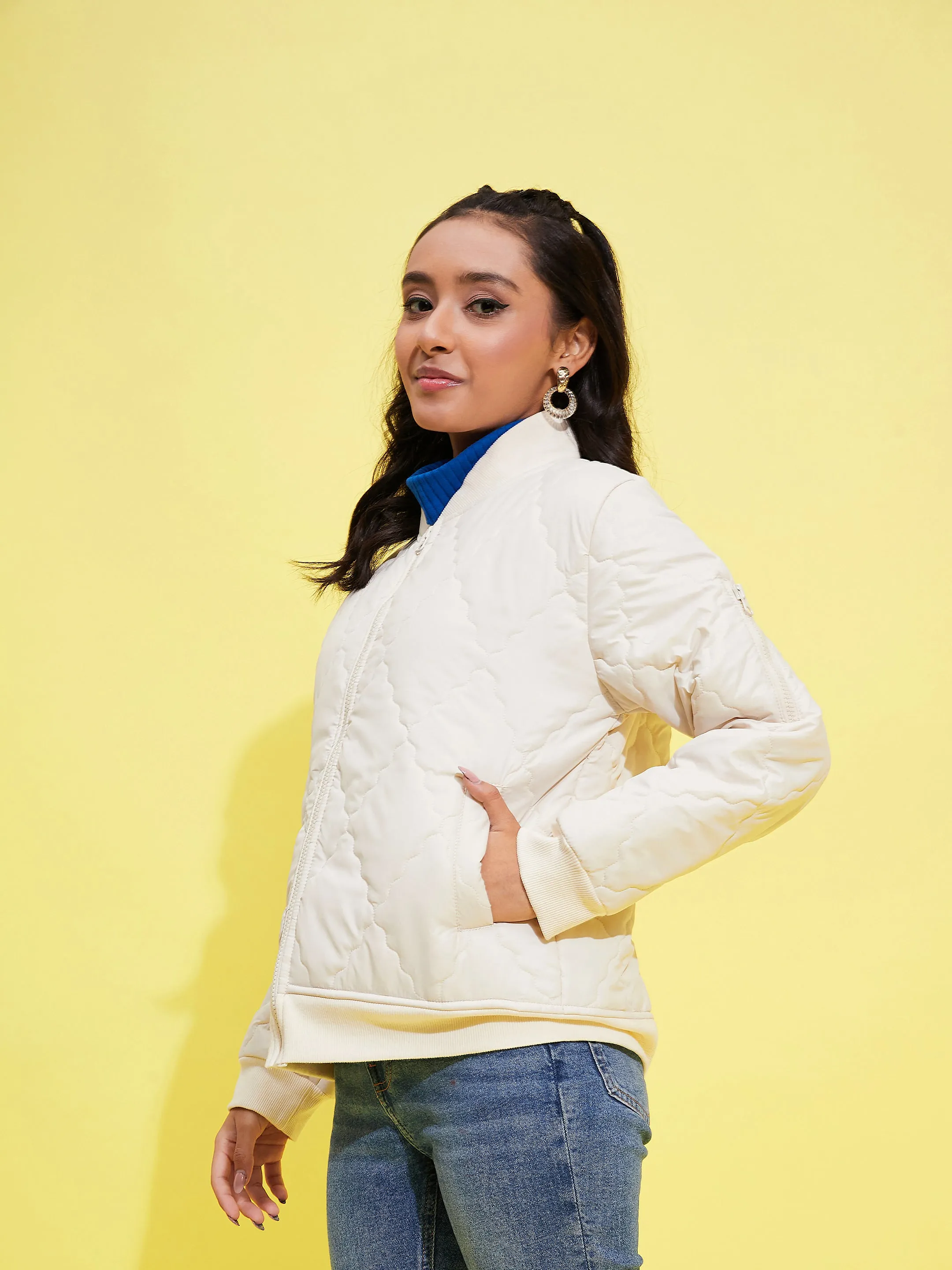 Girls Off White Quilted Bomber Jacket