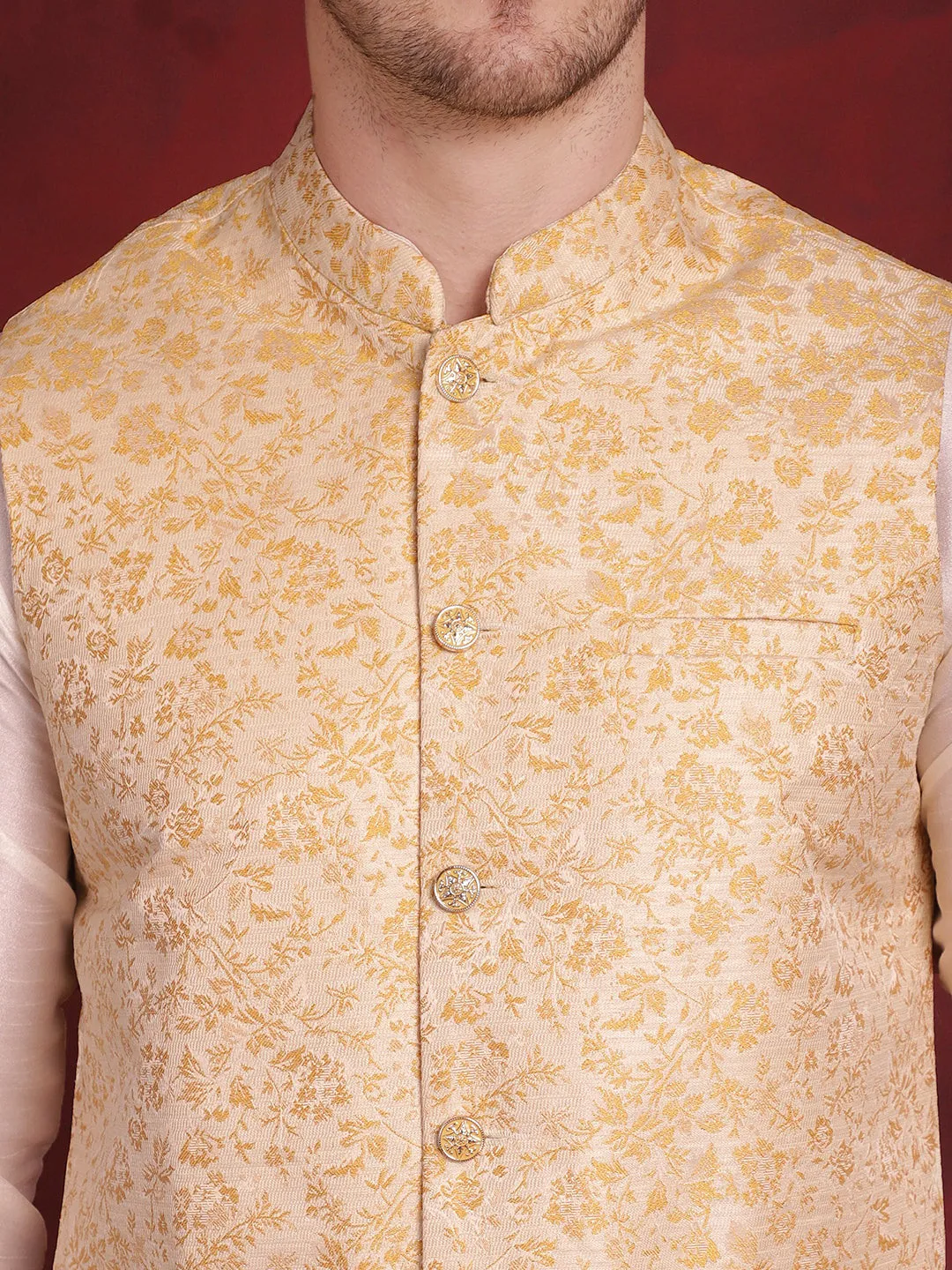 Golden Woven Design Nehru Jacket With Kurta Pyjama Set