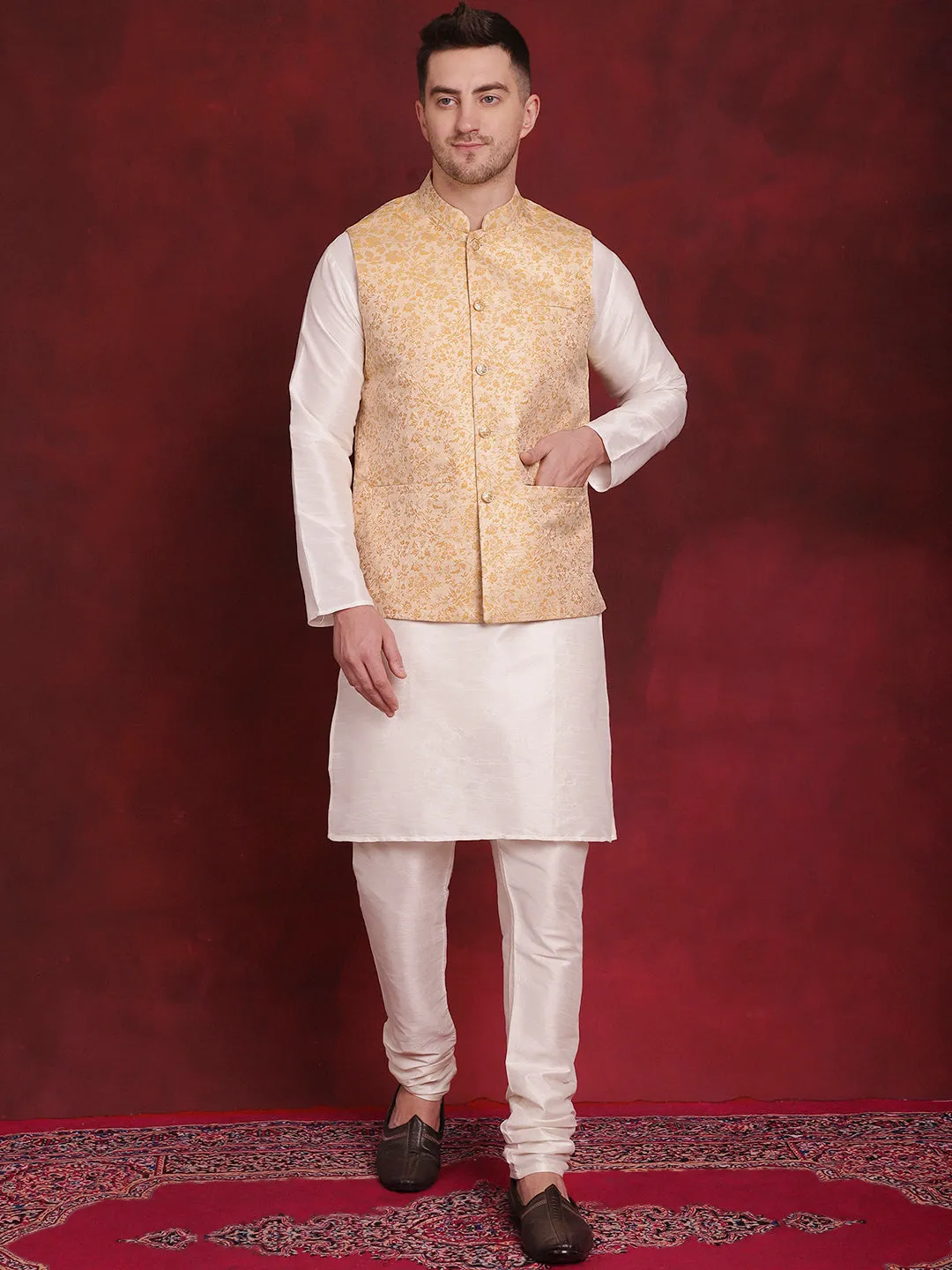 Golden Woven Design Nehru Jacket With Kurta Pyjama Set