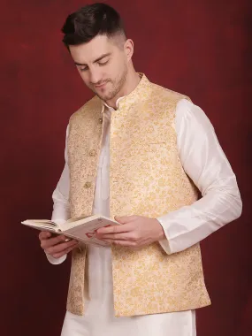 Golden Woven Design Nehru Jacket With Kurta Pyjama Set