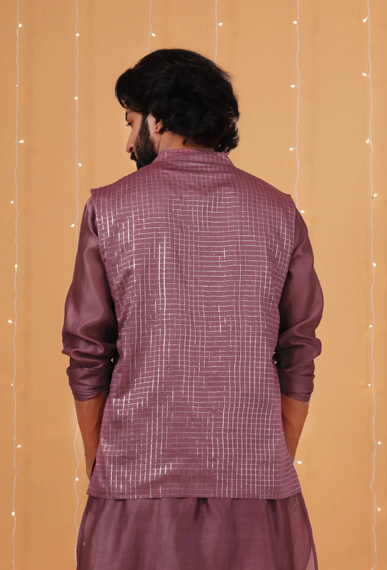 Grape Checkered Chanderi Nehru Jacket