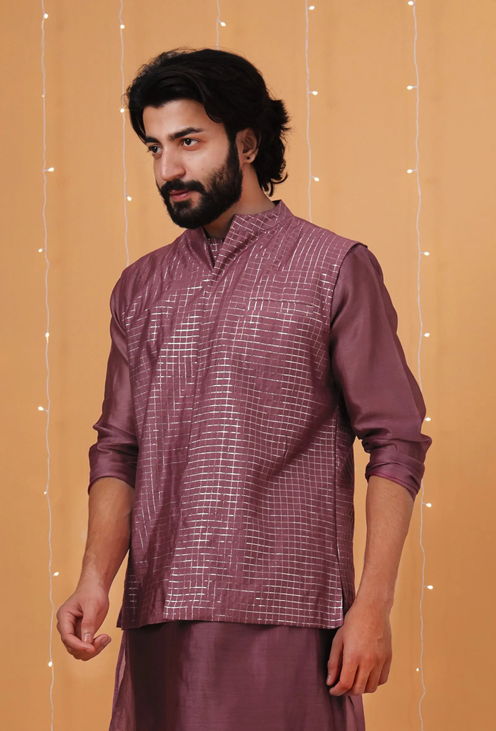 Grape Checkered Chanderi Nehru Jacket