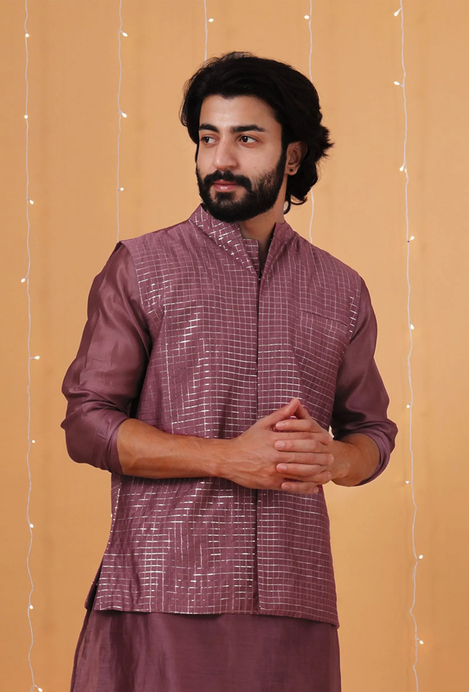 Grape Checkered Chanderi Nehru Jacket