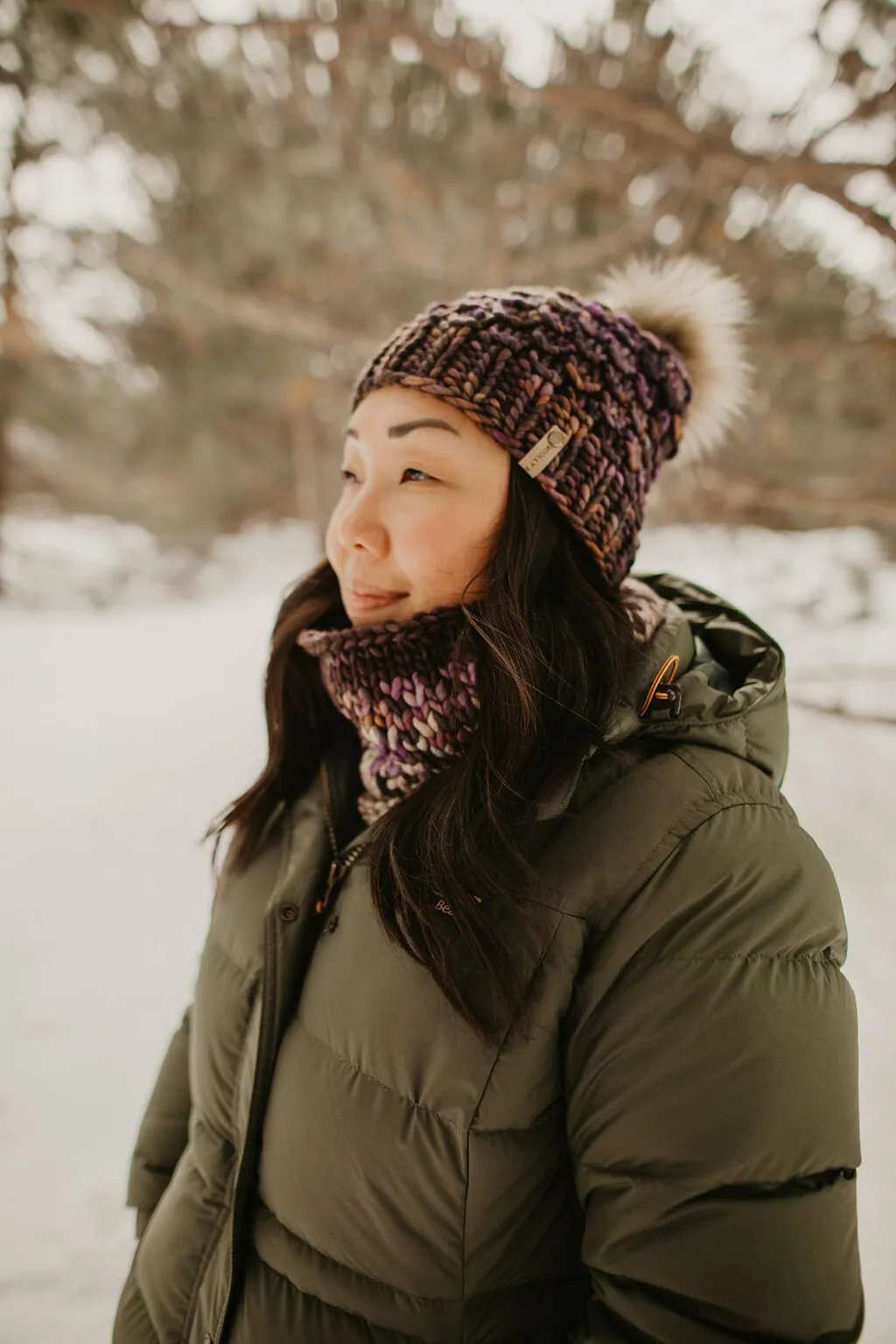 Gray and Purple Merino Wool Fair Isle Hand Knit Cowl