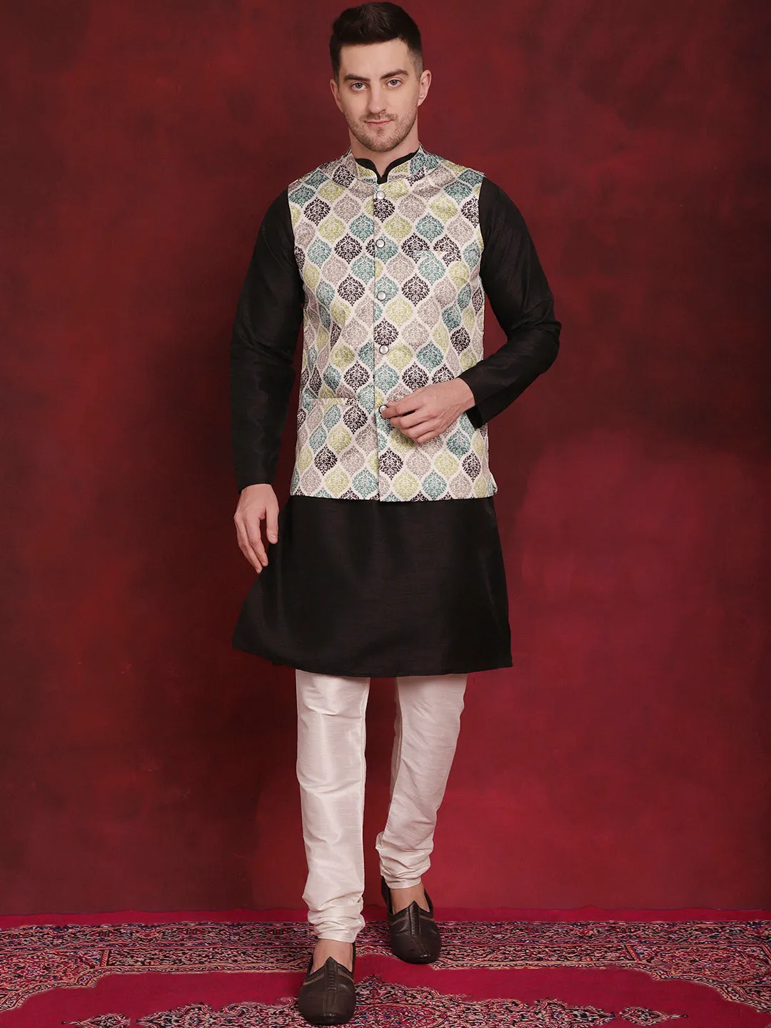 Green Floral Printed Nehru Jacket With Kurta Pyjama Set