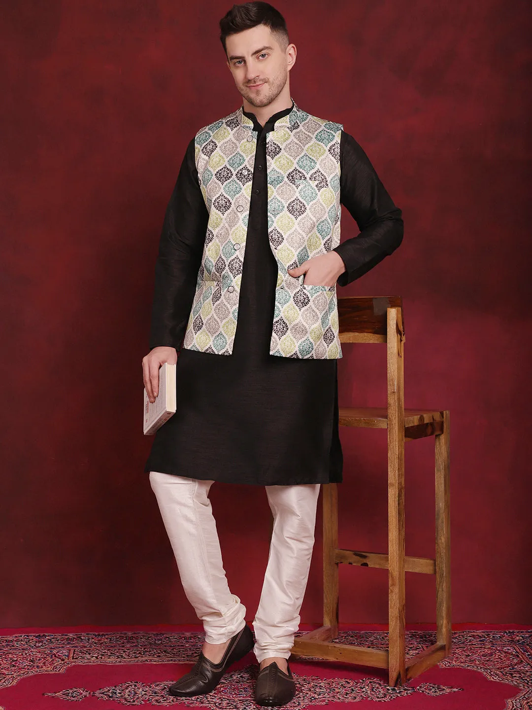 Green Floral Printed Nehru Jacket With Kurta Pyjama Set