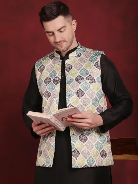 Green Floral Printed Nehru Jacket With Kurta Pyjama Set