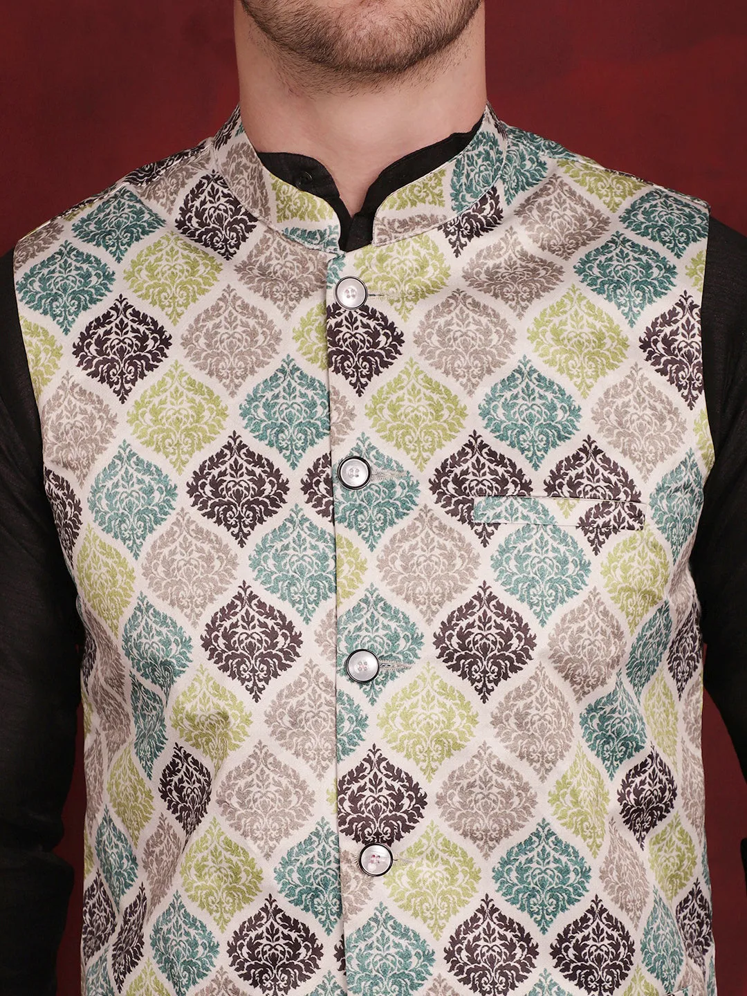 Green Floral Printed Nehru Jacket With Kurta Pyjama Set