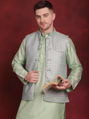 Green Woven Design Nehru Jacket With Kurta Pyjama Set